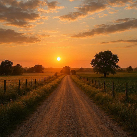 Sunset over a country road in the countryside of Bavaria, Germany