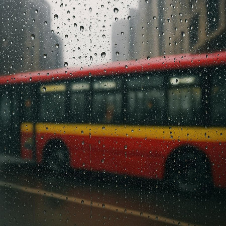 Raindrops on the glass of a bus in the city, blurred background