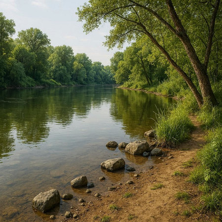 River in the forest. Summer landscape with river and green trees.