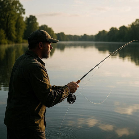 Fisherman with a spinning rod on the background of the lake