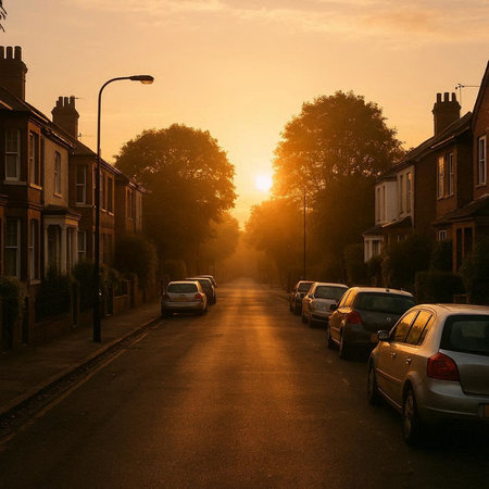 Sunset on a street in the English city of Cambridge, UK