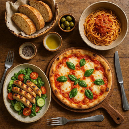 Italian pizza with sausage, tomato sauce, basil and olives on wooden background