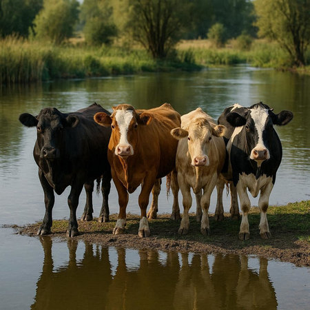 Herd of cows standing in the water in a meadow.