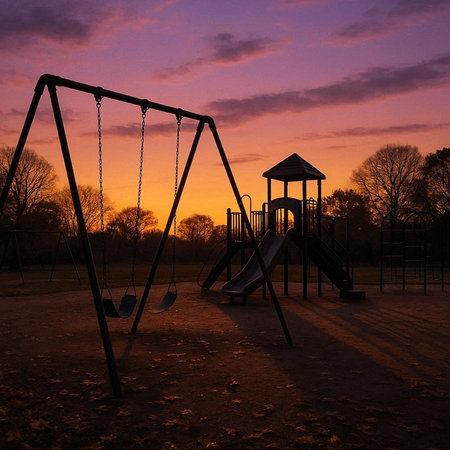 Children's playground in the park at sunset. The children's swing.