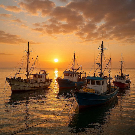 Fishing boats in the sea at sunrise. Beautiful seascape.
