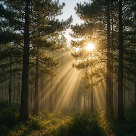 Sunrise in the pine forest. Sun rays passing through the trees.