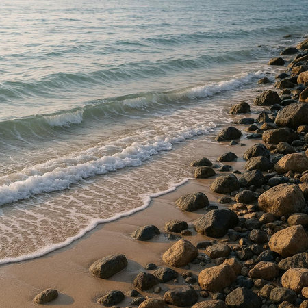 Beach with rocks and waves in the morning light. Seascape