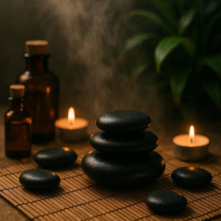 Spa still life with zen stones and candles on bamboo mat