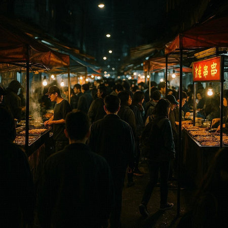 Unidentified people at night street food market in Chengdu, China.