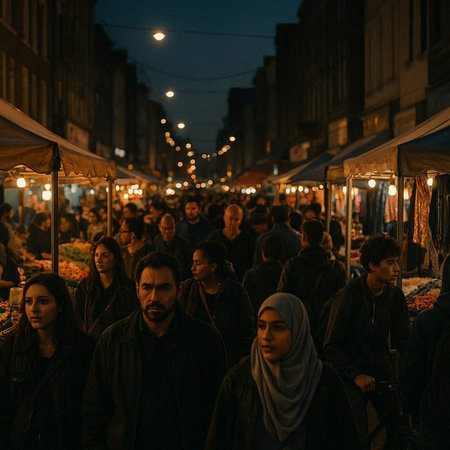 Crowds of people walking at a street market in London.