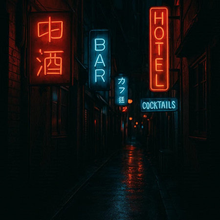 Neon signboard in a dark street of the night city.