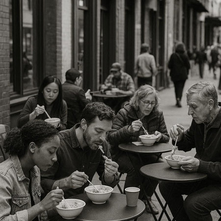 Group of friends eating noodles in a street cafe. Black and white.