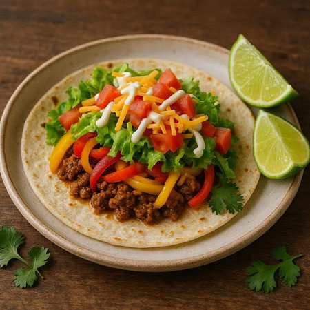 Mexican tacos with meat, vegetables and cheese on a wooden background