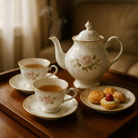 Tea set on a wooden table with a cup of tea and croissants