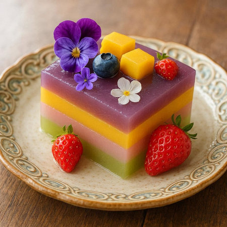 Colorful fruit jelly dessert with fresh strawberries, blueberries and flowers