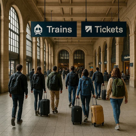 People waiting at the train station with travel icons in front of them