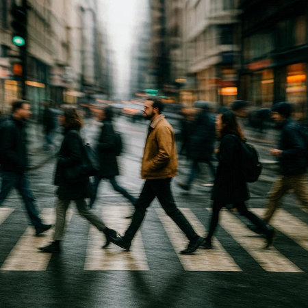Busy city street with people crossing a busy street. Intentional motion blur