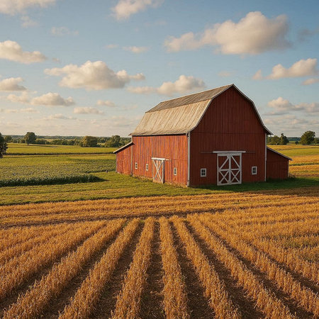 American Countryside with a Red Barn in the Middle of a Field