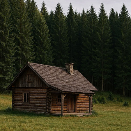 Old wooden house in the middle of the forest. 3d render