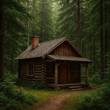 Wooden house in the woods. 3D render. Conceptual image.