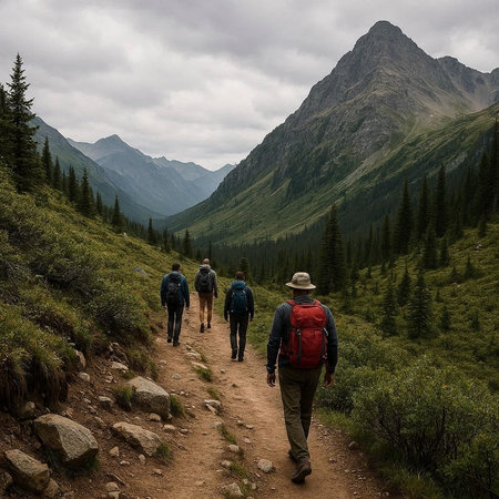 Hikers walking on a trail in the high mountains of Kyrgyzstan