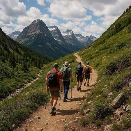 Group of hikers walking on a trail in the mountains on a sunny day