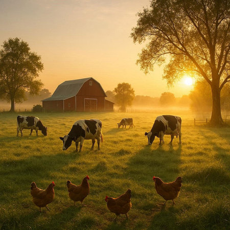 Cows grazing on a green meadow at sunrise. Rural scene.