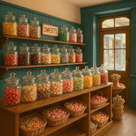 Jars with candies in the store. 3d illustration.