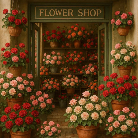 Flower shop in Paris, France. Bouquet of red and pink roses
