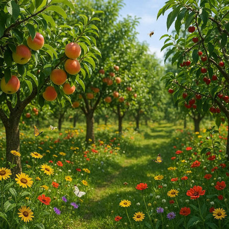 Apple orchard with fruit trees, flowers and butterflies in the background