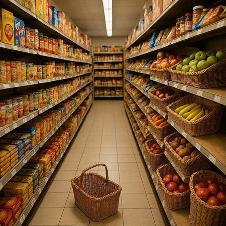 Supermarket shelves full of food products and baskets with fruits and vegetables