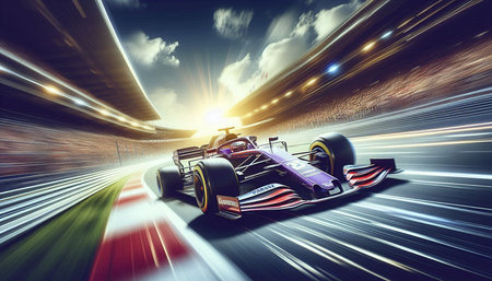 3D rendering of a formula race car on track with motion blur