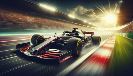 Racing car on the track at sunset. 3D rendering.