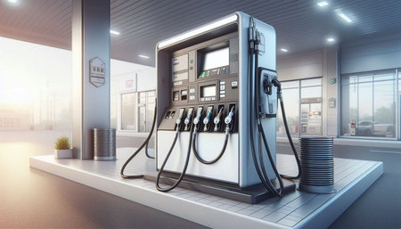 Gas station in a modern building. 3d rendering. Mock up.
