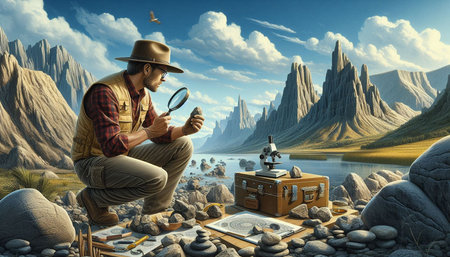 Fantasy scene with a man looking through a magnifying glass.