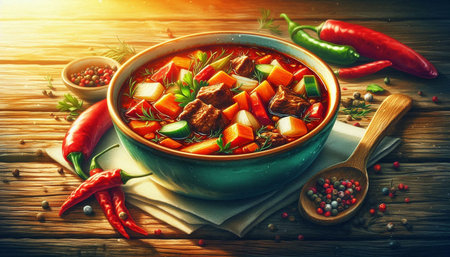 Beef stew with vegetables and spices on a wooden background. Selective focus.