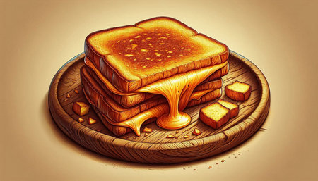 Illustration of toast bread with honey on a wooden plate. Vintage style.