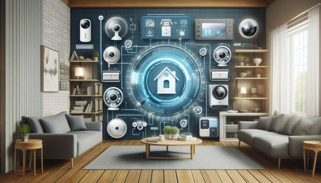 Smart home automation system in modern living room interior. 3D rendering