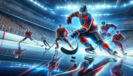 Ice hockey players in action at the stadium. 3D rendering.