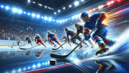 Ice hockey players in action on the ice. 3D rendering.