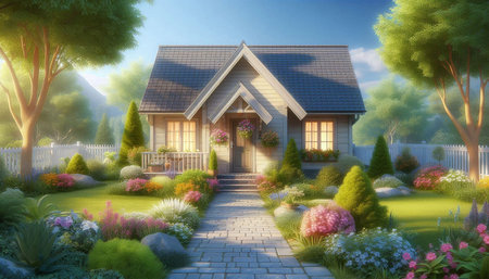 3D rendering of a beautiful house in the garden on a sunny day