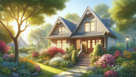 3D rendering of a modern cozy house in the garden with beautiful landscaping.