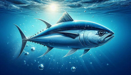 Tuna fish in deep blue ocean. 3D rendering and illustration.
