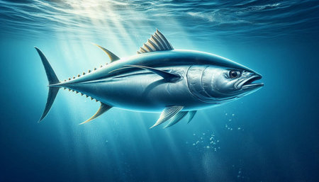 Tuna fish in deep blue ocean. 3d render illustration.