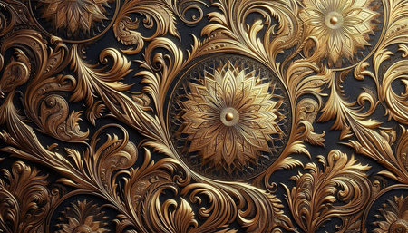 3d illustration of gold floral pattern on a black background. 3d render