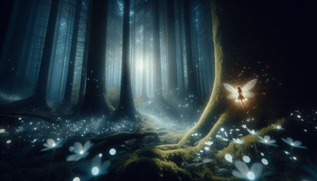 Mysterious dark forest with a glowing butterfly, 3d render