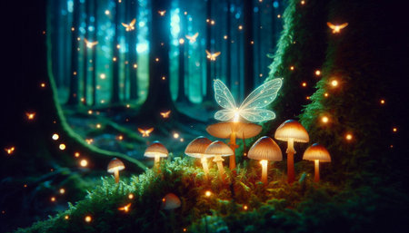 Fairy tale forest in the night with magic mushrooms and dragonfly