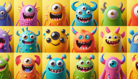 Funny colorful monsters collection on yellow background. 3d illustration.