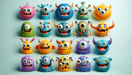 Funny monsters on a blue background. Set of colorful monsters.