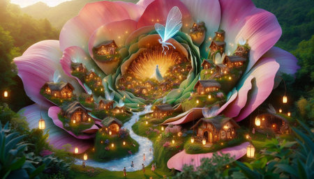 3D Illustration of a Fantasy Fairy Tale Landscape with Fairy Lights